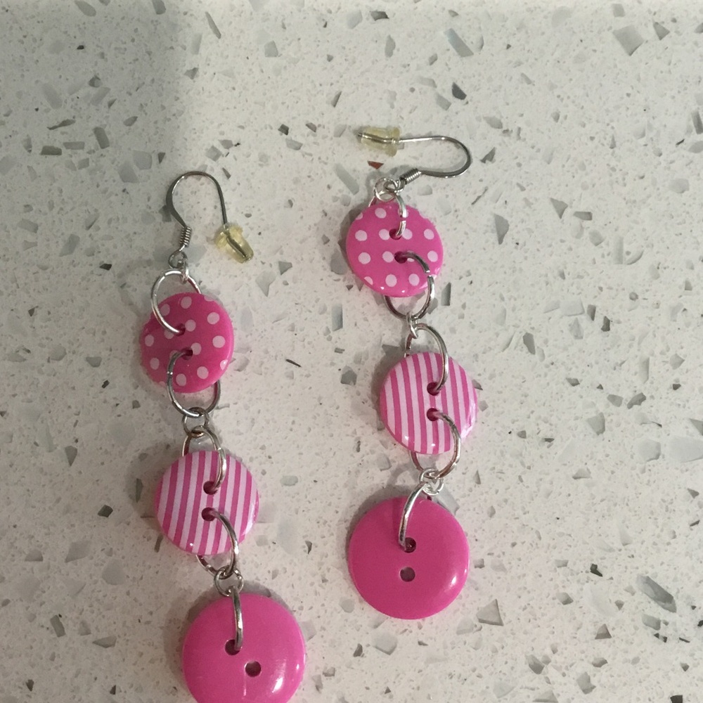 Pink Button Dangle Earrings with .925 hooks